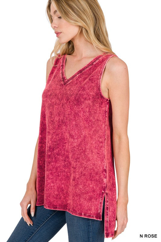 Mineral Wash Sleeveless V-Neck Top With Side Slit