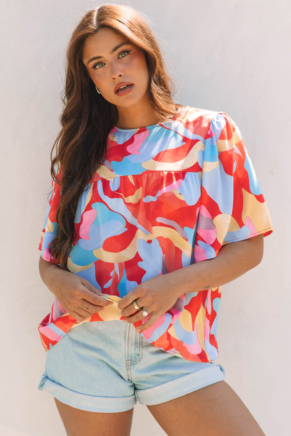 Multicolour Abstract Pattern Wide Sleeve Crew Neck Blouse