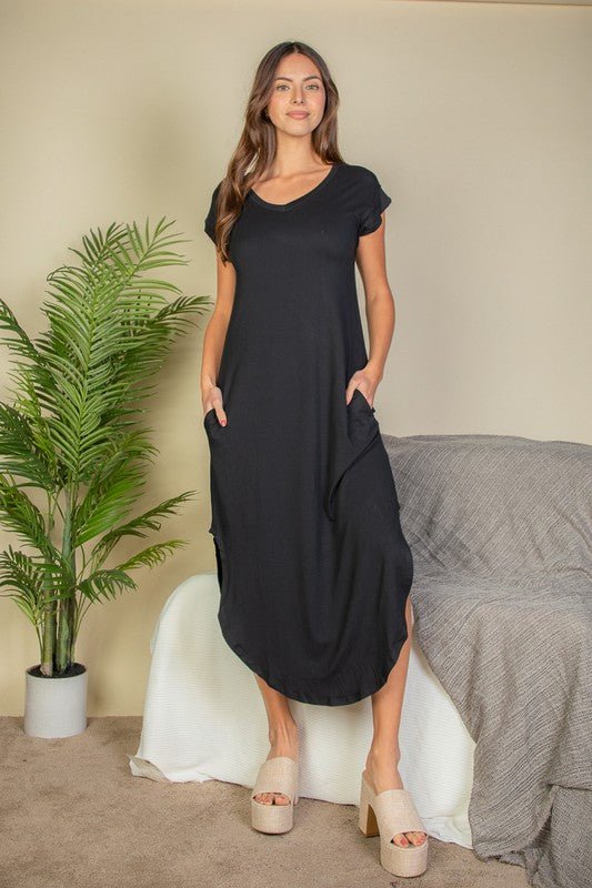 Hidden Pocket Batwing Sleeve V Neck Long Dress - JUST - JEN BOUTIQUE