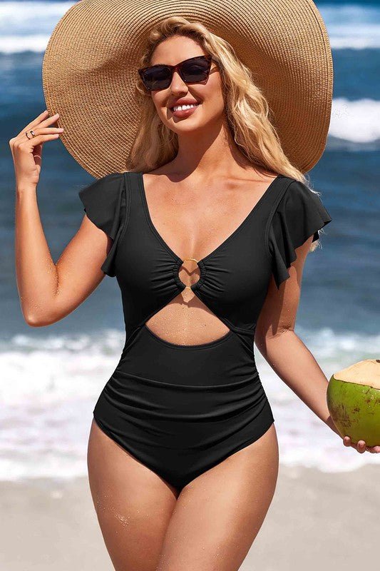 Ruffle O - Ring Cutout One Piece Bathing Suit - JUST - JEN BOUTIQUE