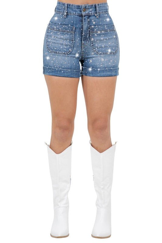 Willow Rhinestone Denim Short Medium Wash - JUST - JEN BOUTIQUE