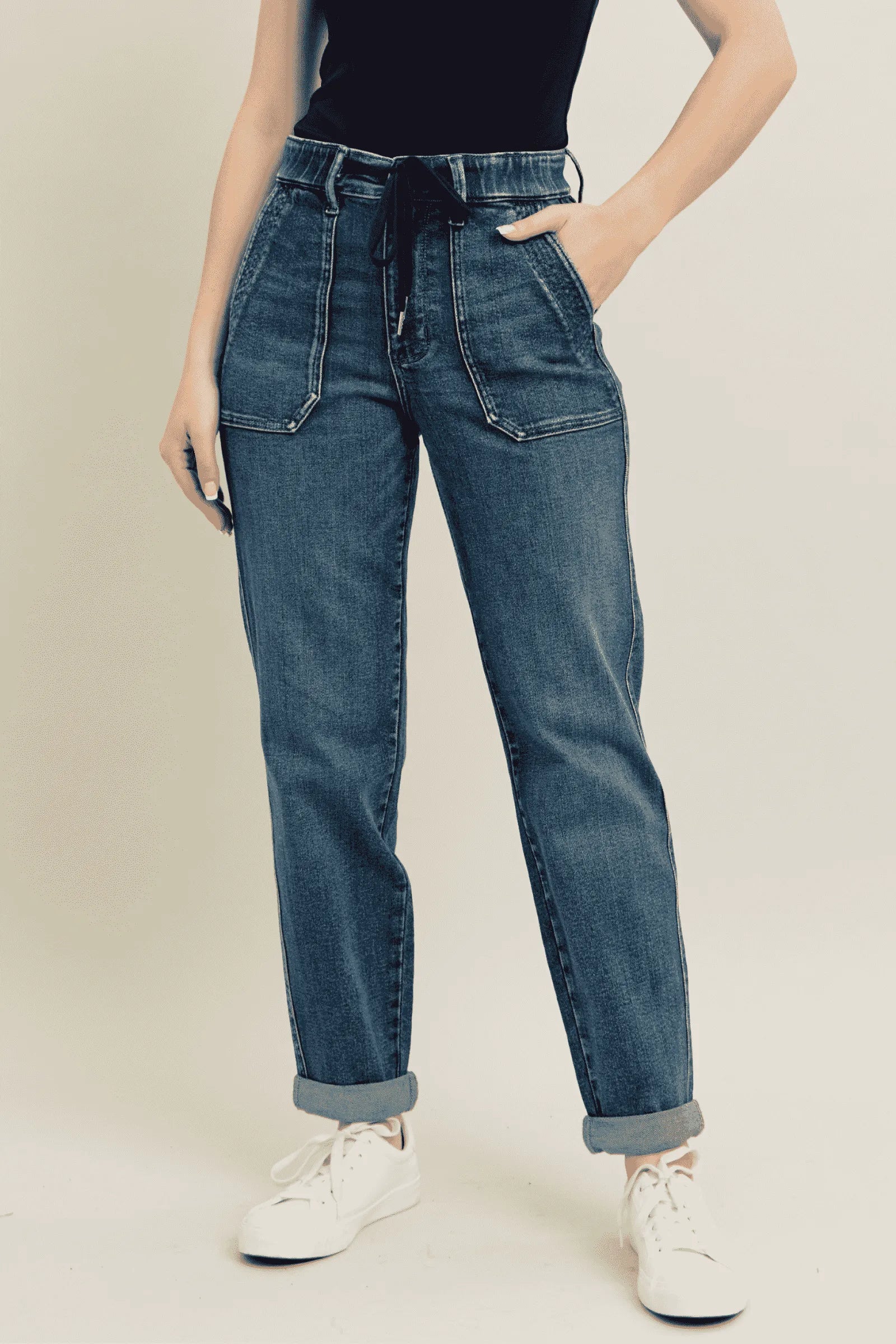 Judy Blue Full Size HW Vintage Wash Jeans w/ Drawstring Plus Size - JUST - JEN BOUTIQUE