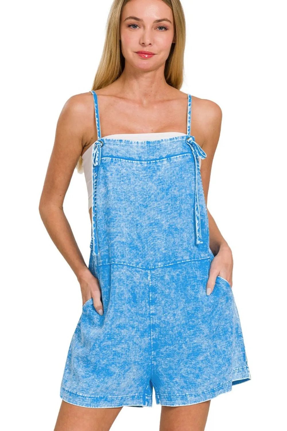 Zenana Washed Linen Knot Strap Rompers - JUST - JEN BOUTIQUE