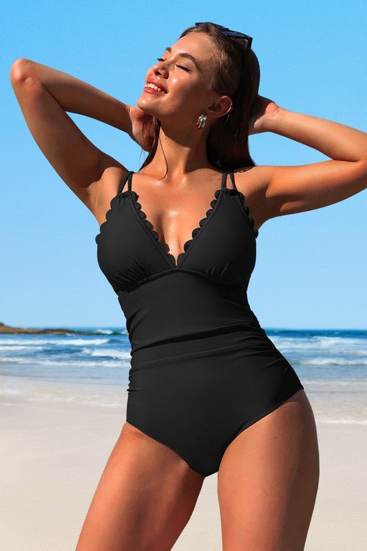 Scalloped V Neck Cut Out Monokini Swimwear - JUST - JEN BOUTIQUE
