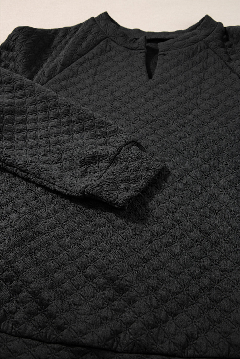 Black Split Neck Quilted Long Sleeve Top