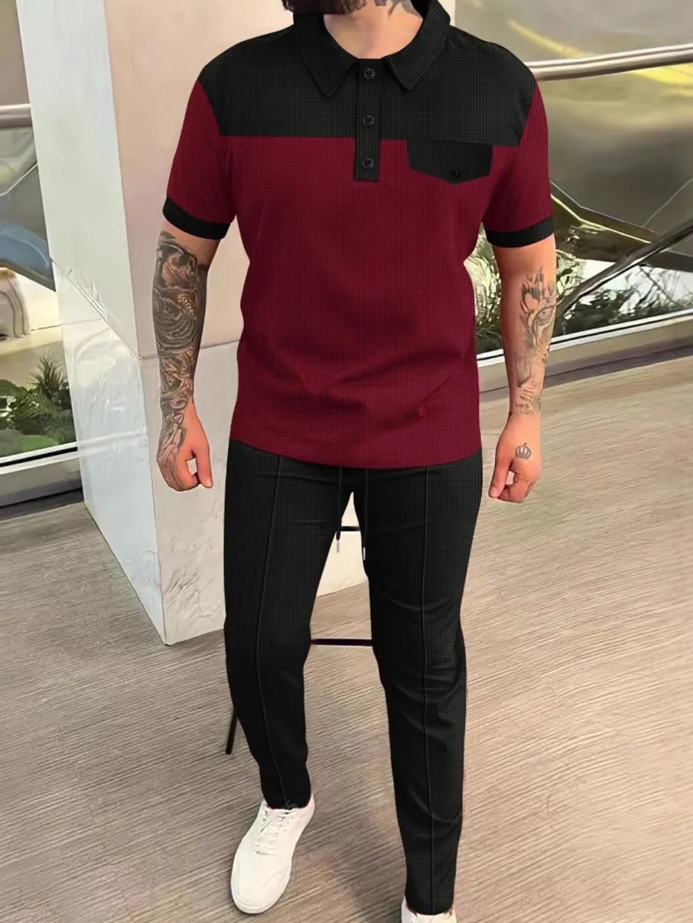 Men‘s Full Size Waffle - Knit Contrast Top and Pants Set Plus Size - JUST - JEN BOUTIQUE
