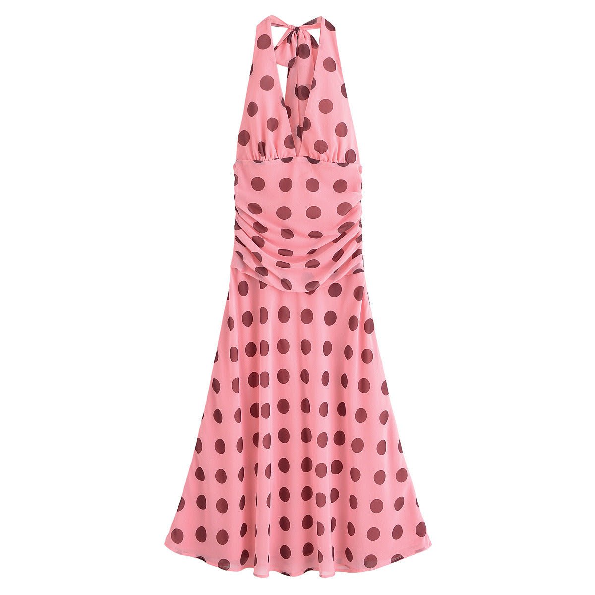 Women's European and American style backless hanging neck pleated long polka dot dress