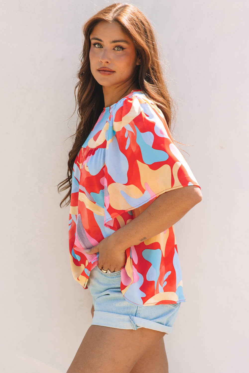 Multicolour Abstract Pattern Wide Sleeve Crew Neck Blouse