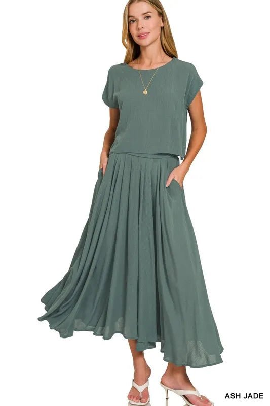 Zenana Woven Crinkle Gauze Crop Tee and Skirt Set - JUST - JEN BOUTIQUE