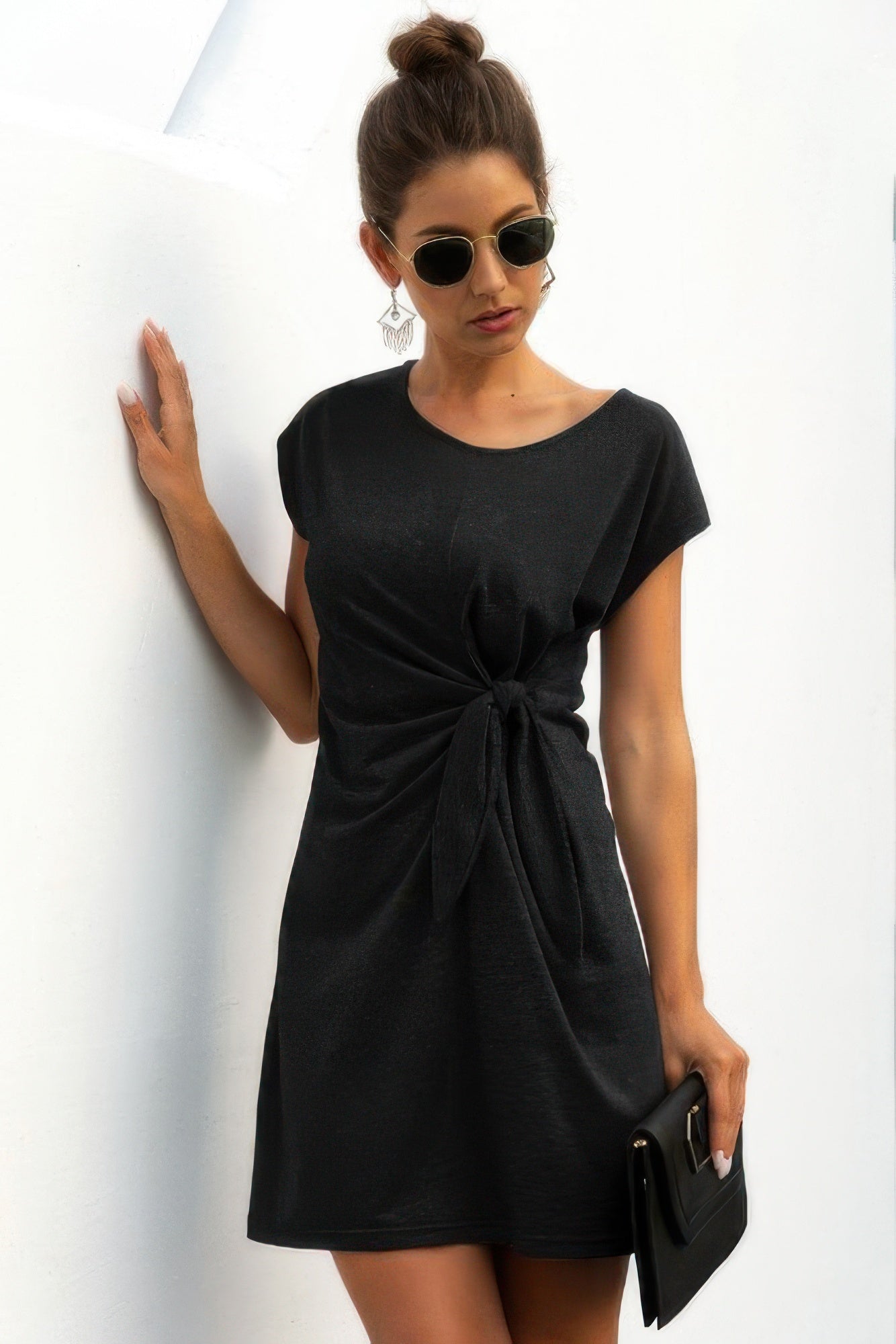 Solid Twist Knot Front Short Sleeve Tee Fit Dress - JUST - JEN BOUTIQUE