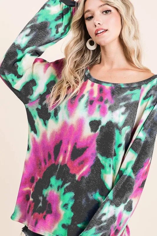 BiBi Tie Dye Print Terry Top with Puff Sleeves - JUST - JEN BOUTIQUE