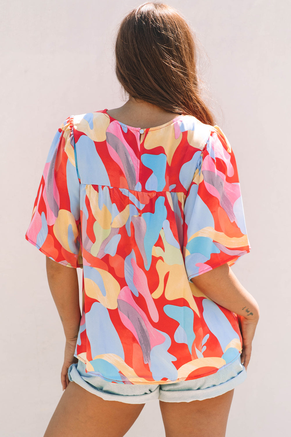 Multicolour Abstract Pattern Wide Sleeve Crew Neck Blouse