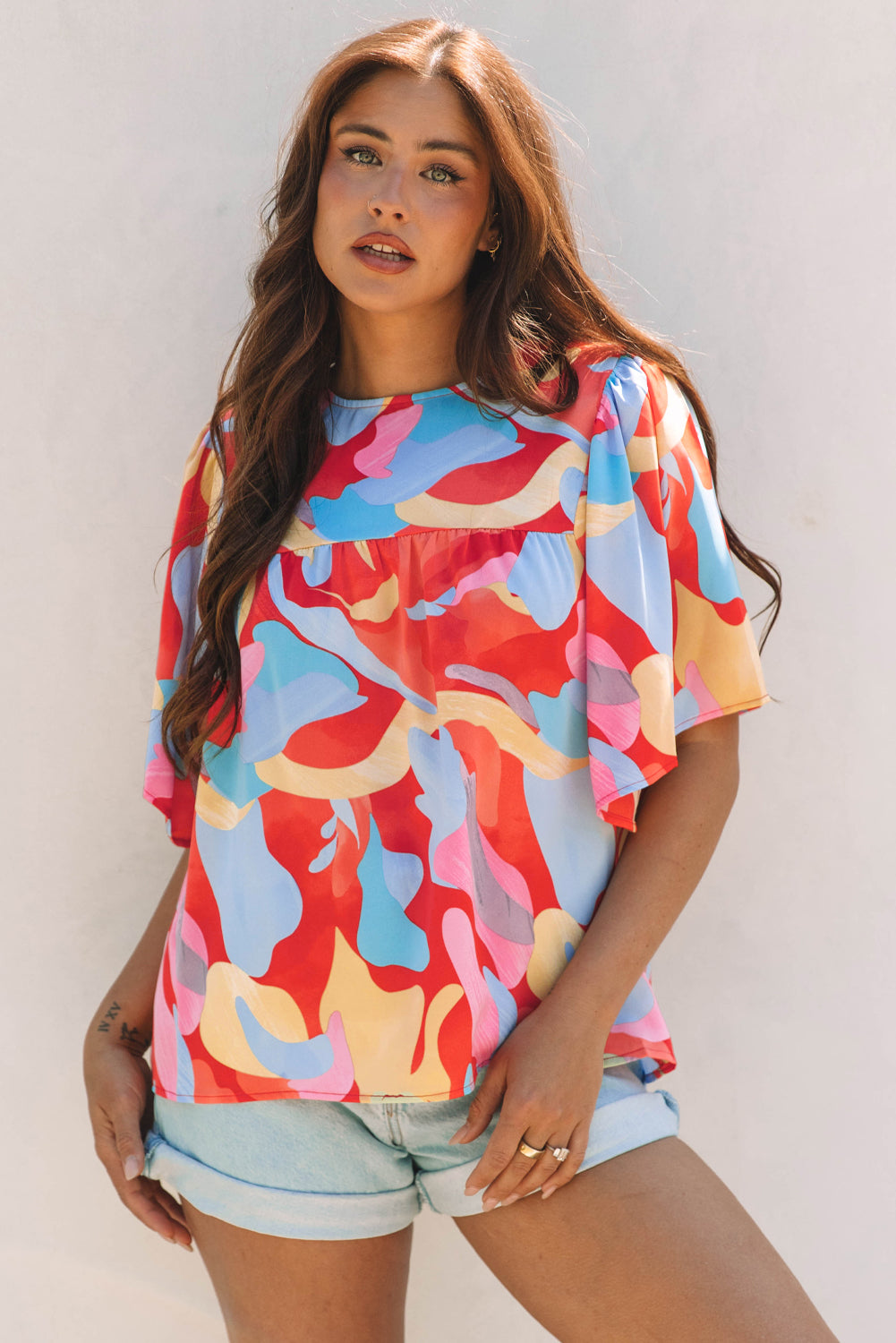 Multicolour Abstract Pattern Wide Sleeve Crew Neck Blouse