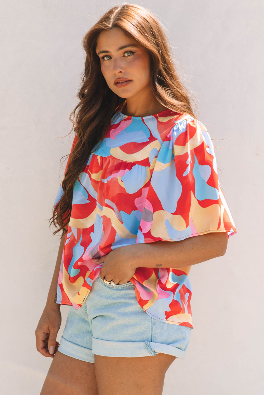 Multicolour Abstract Pattern Wide Sleeve Crew Neck Blouse