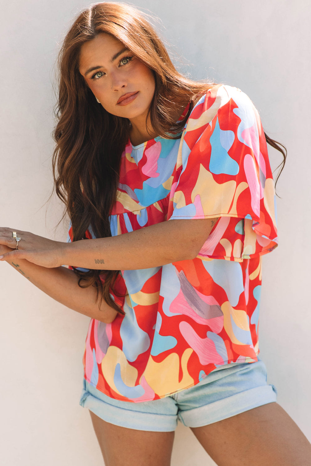 Multicolour Abstract Pattern Wide Sleeve Crew Neck Blouse