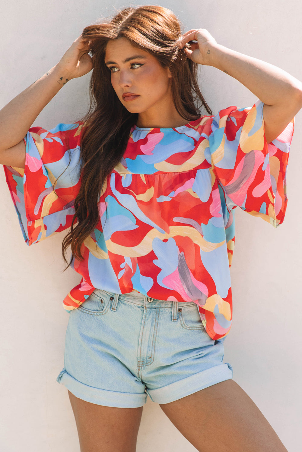 Multicolour Abstract Pattern Wide Sleeve Crew Neck Blouse