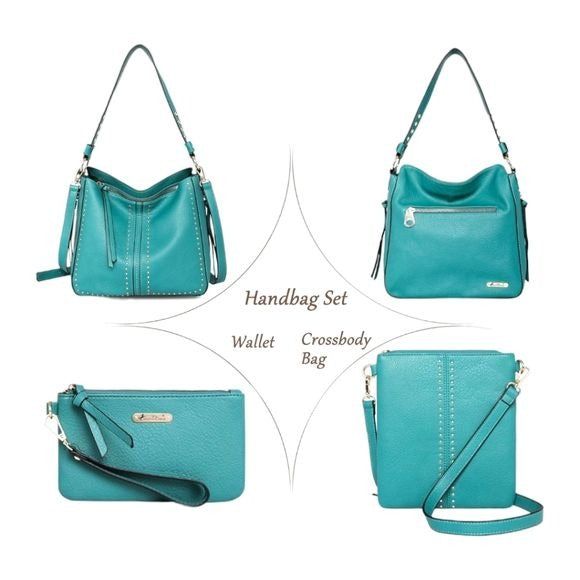Montana West 3Pc. Turquoise Vegan Leather Hobo Crossbody Bag Set W/CC Pocket