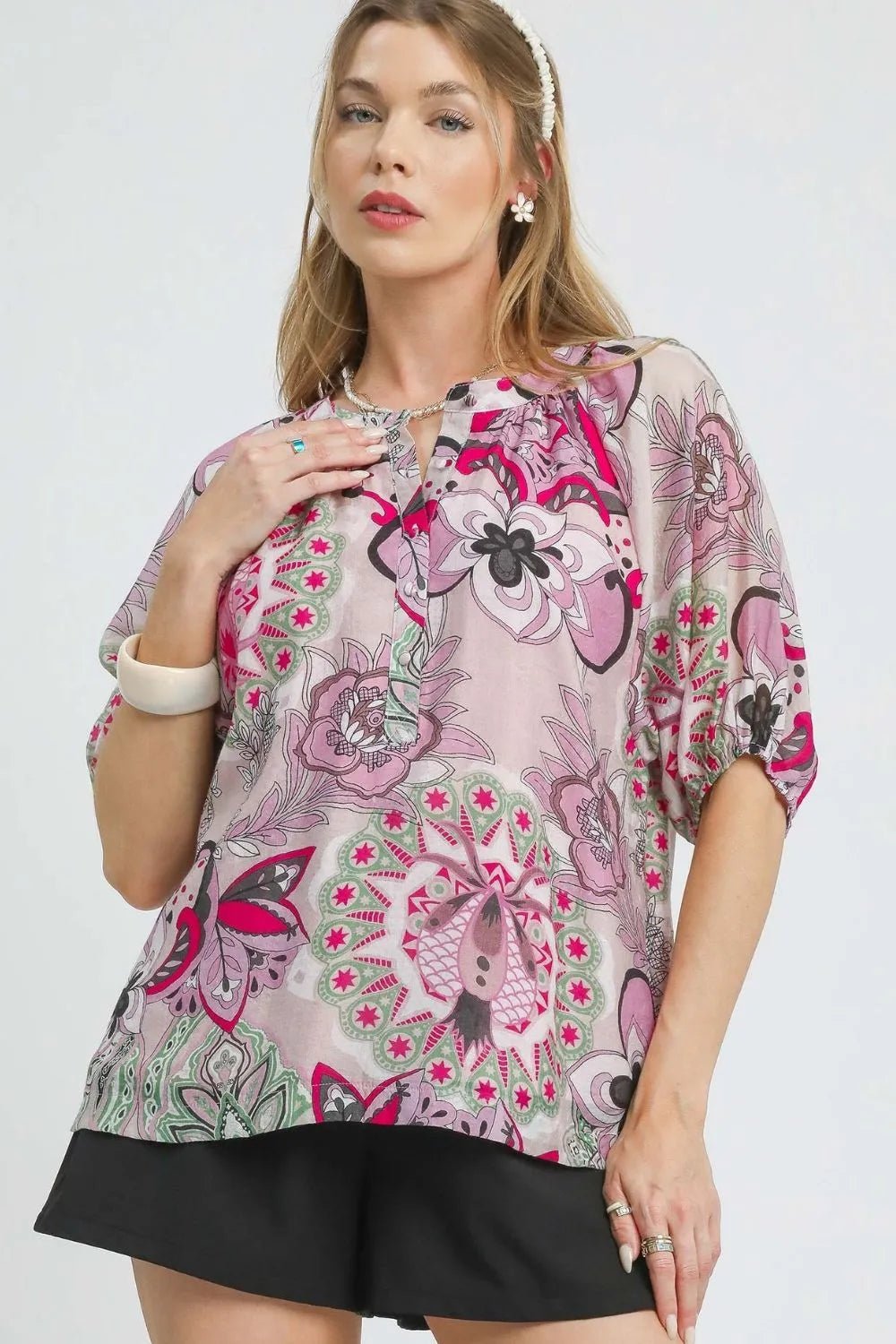 Umgee Floral Print Half Sleeve Blouse - JUST - JEN BOUTIQUE