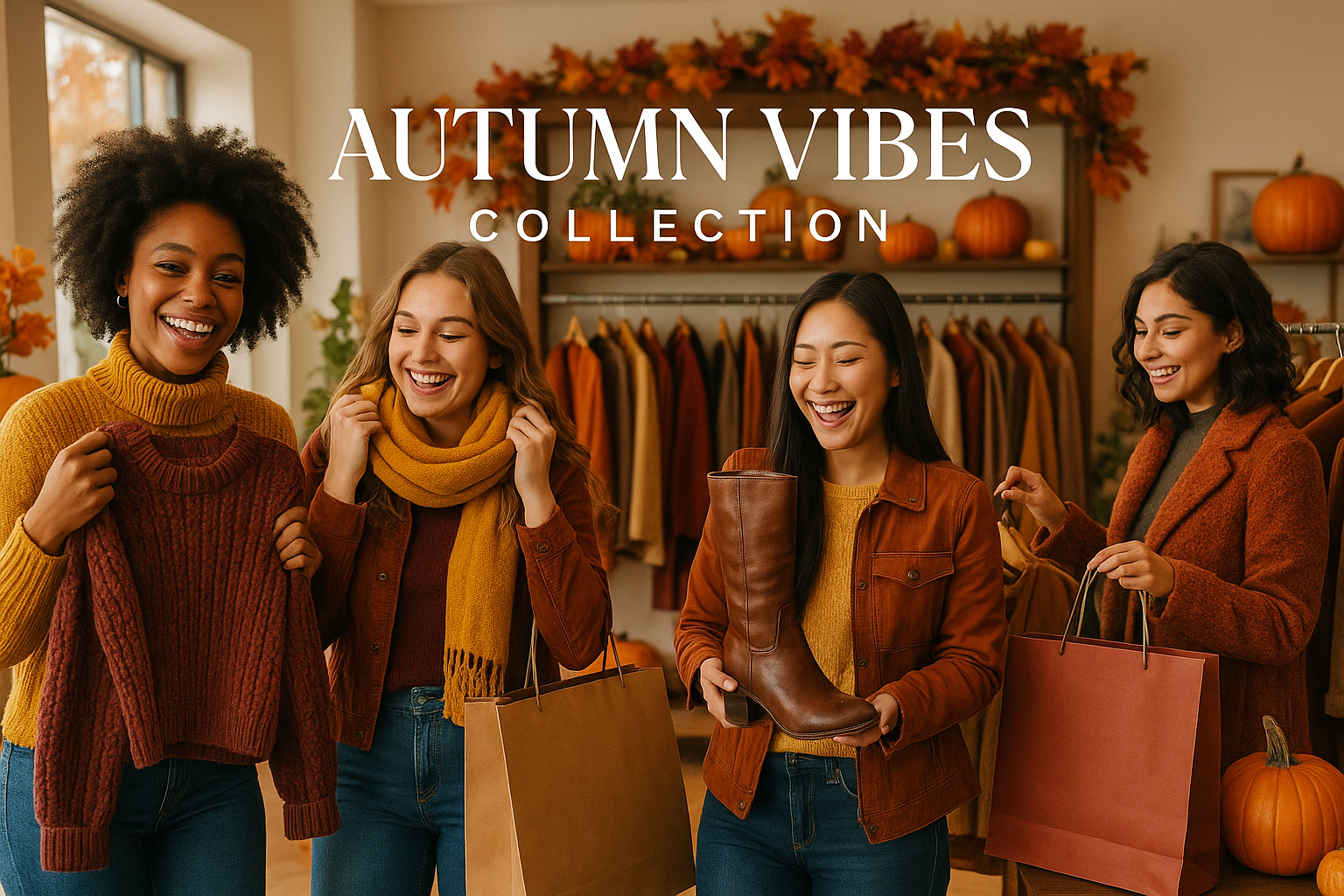 Fall shopping banner with happy young women browsing autumn fashion