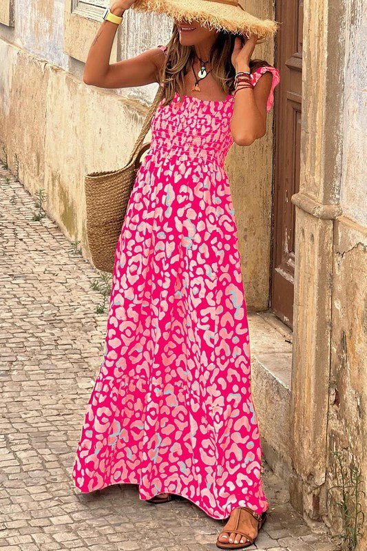 Pink Leopard Ruffle Straps Smocked High Waist Maxi - JUST - JEN BOUTIQUE