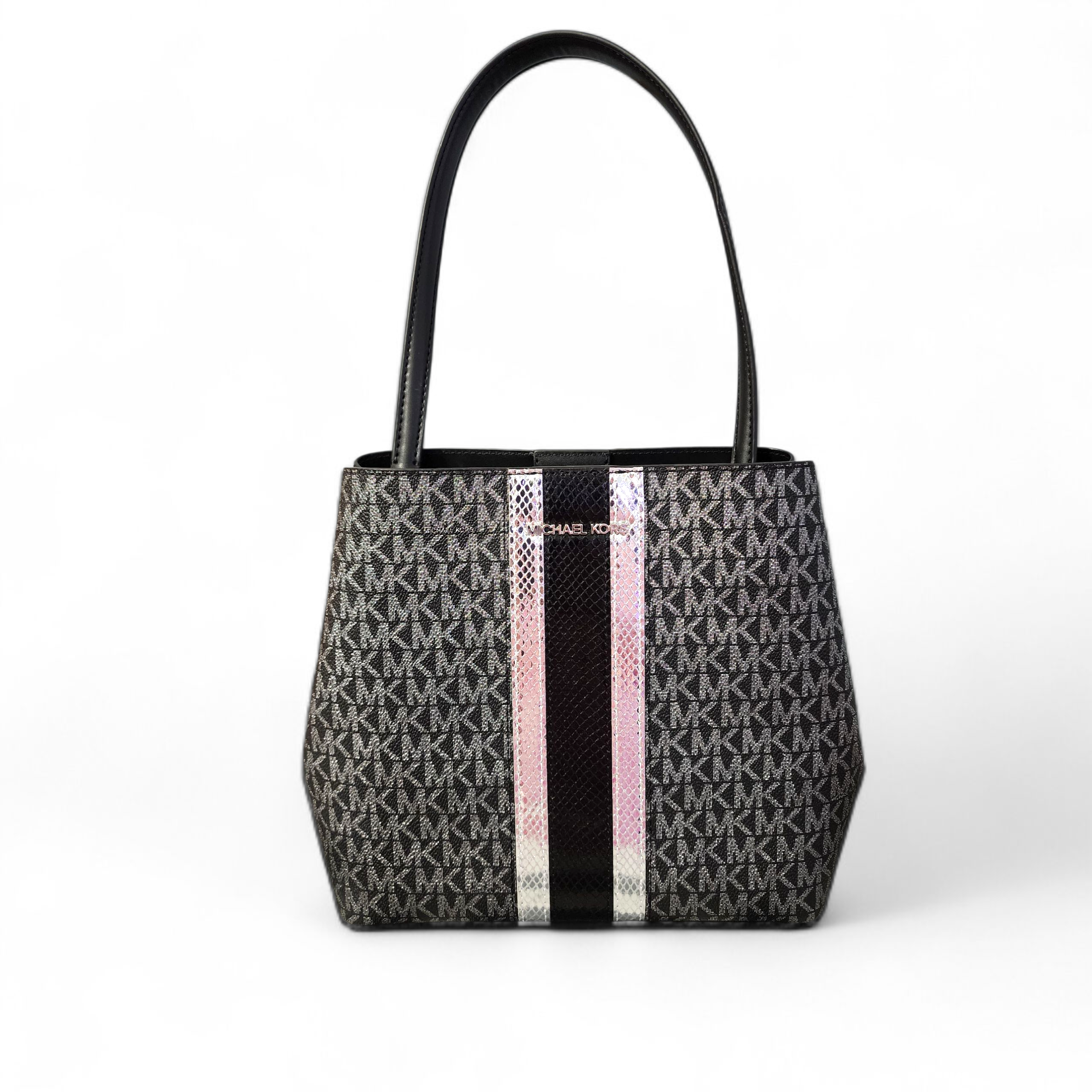 Michael Kors Pratt Bucket Silver Striped Glitter Signature Shoulder Tote Handbag