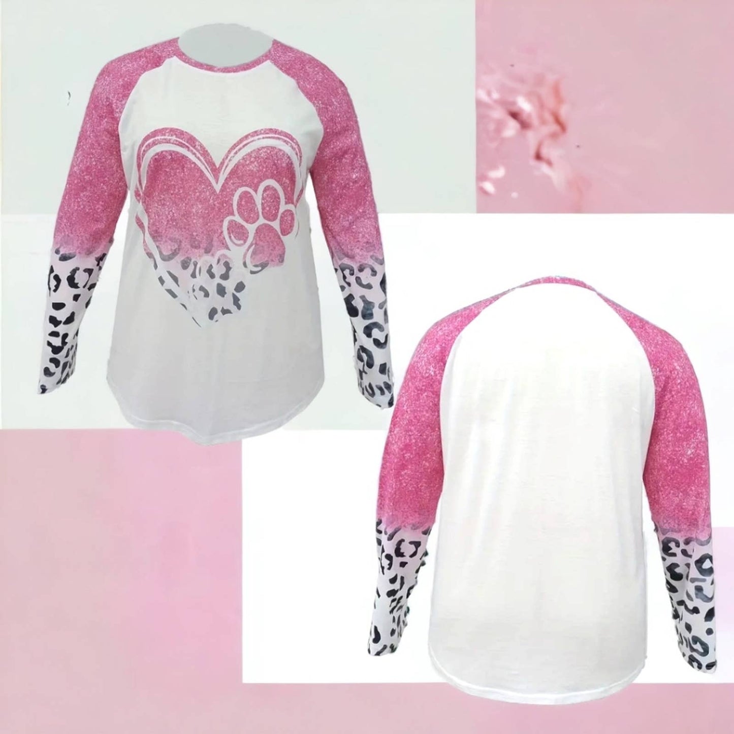 NWT Women's Plus Size Colorblock Leopard and Heart Paw Print Casual Crew Neck Top