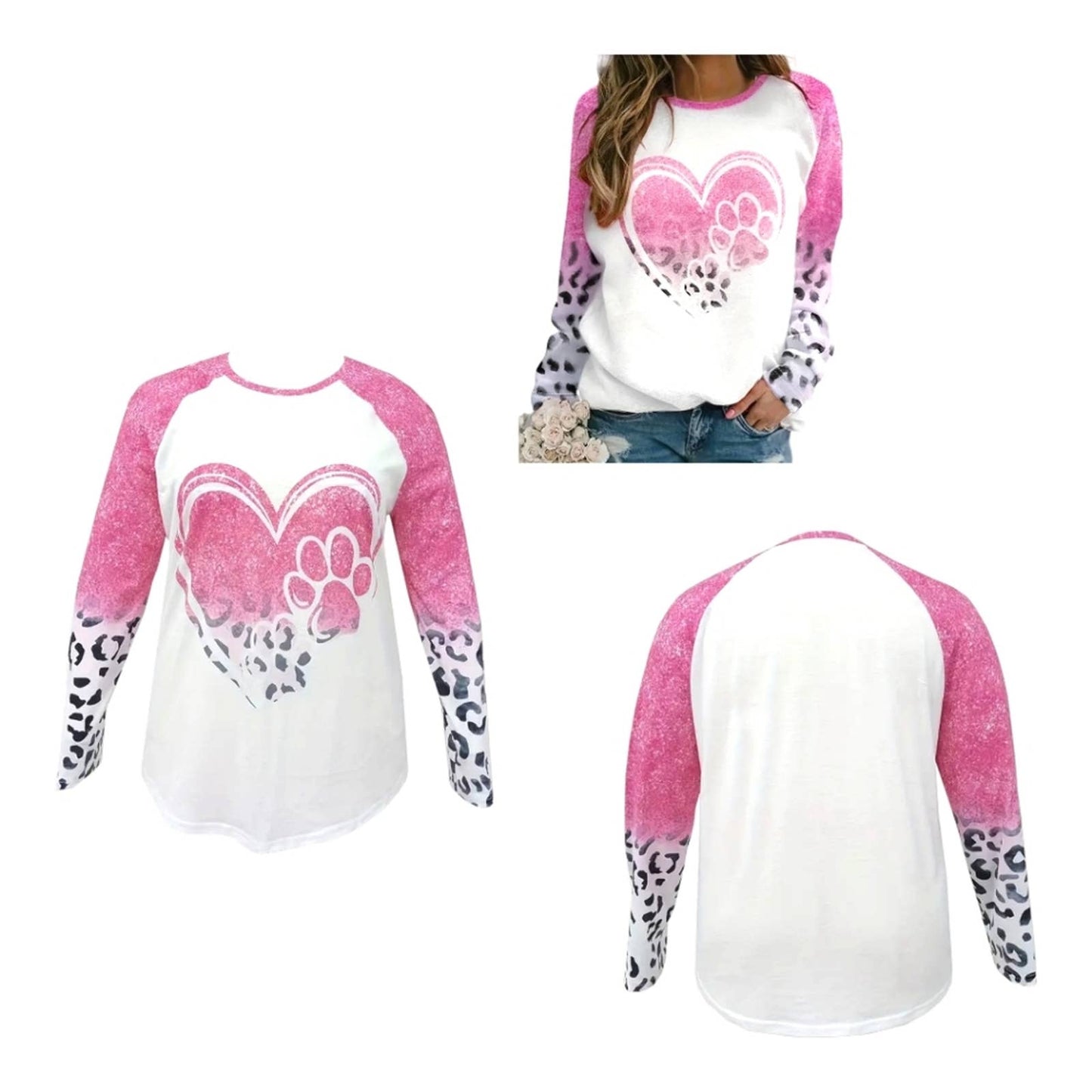 NWT Women's Plus Size Colorblock Leopard and Heart Paw Print Casual Crew Neck Top