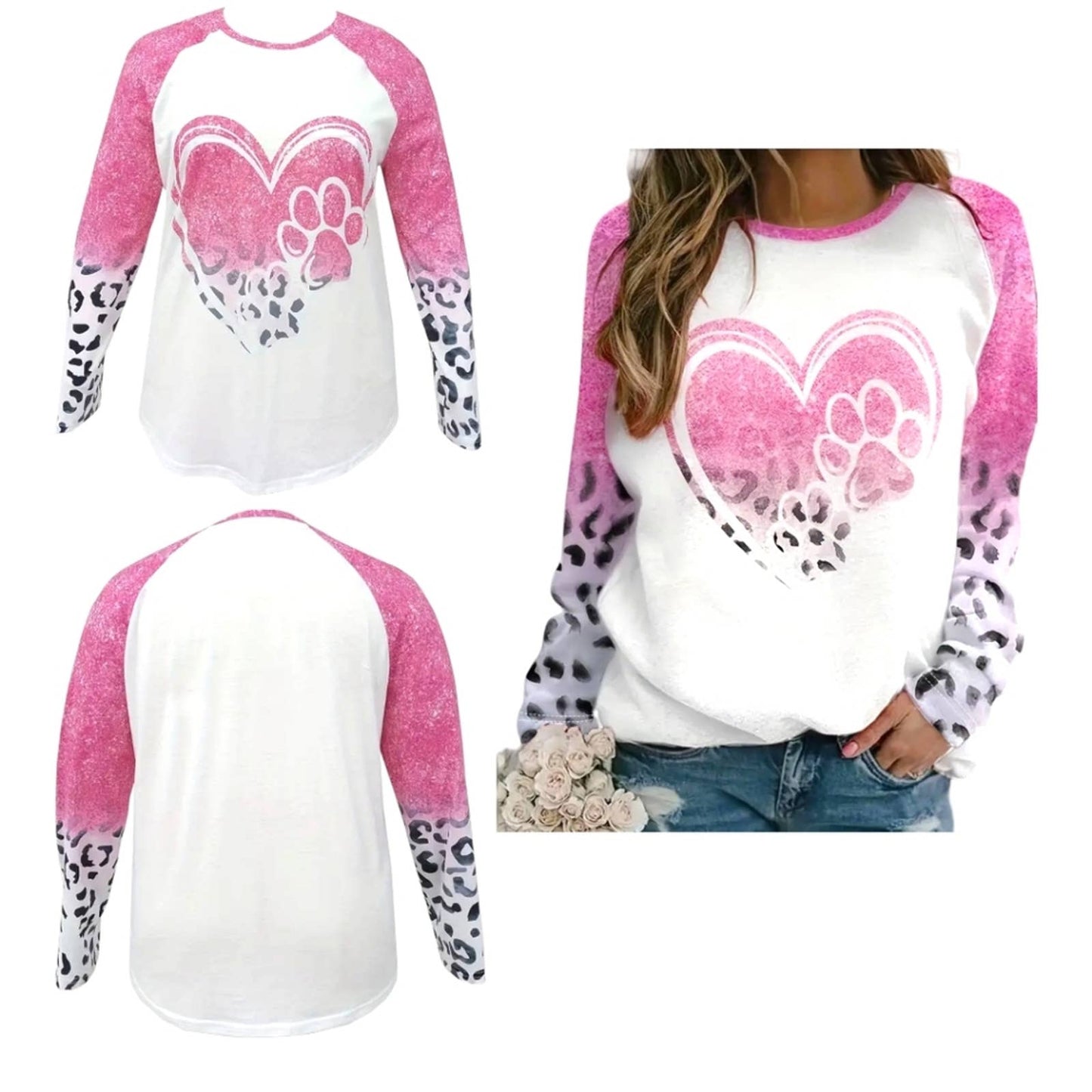 NWT Women's Plus Size Colorblock Leopard and Heart Paw Print Casual Crew Neck Top