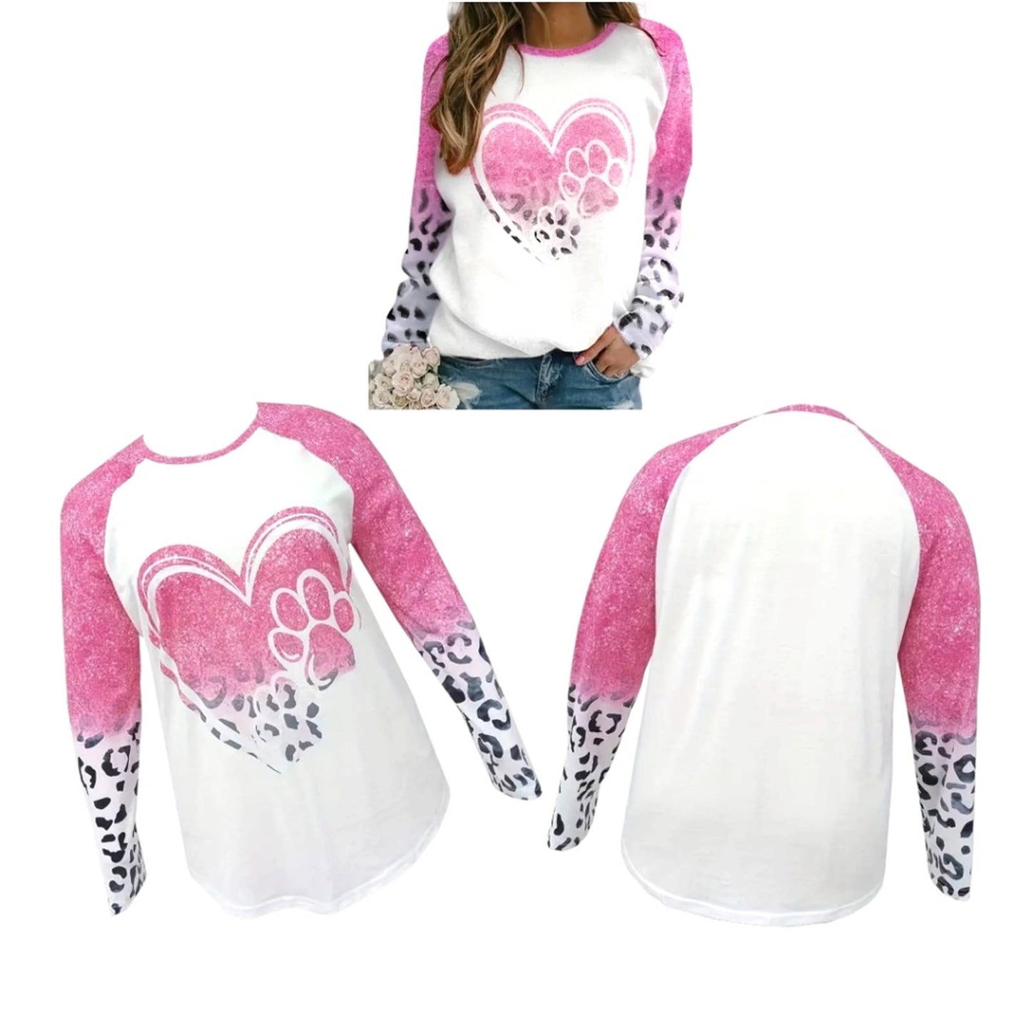 NWT Women's Plus Size Colorblock Leopard and Heart Paw Print Casual Crew Neck Top