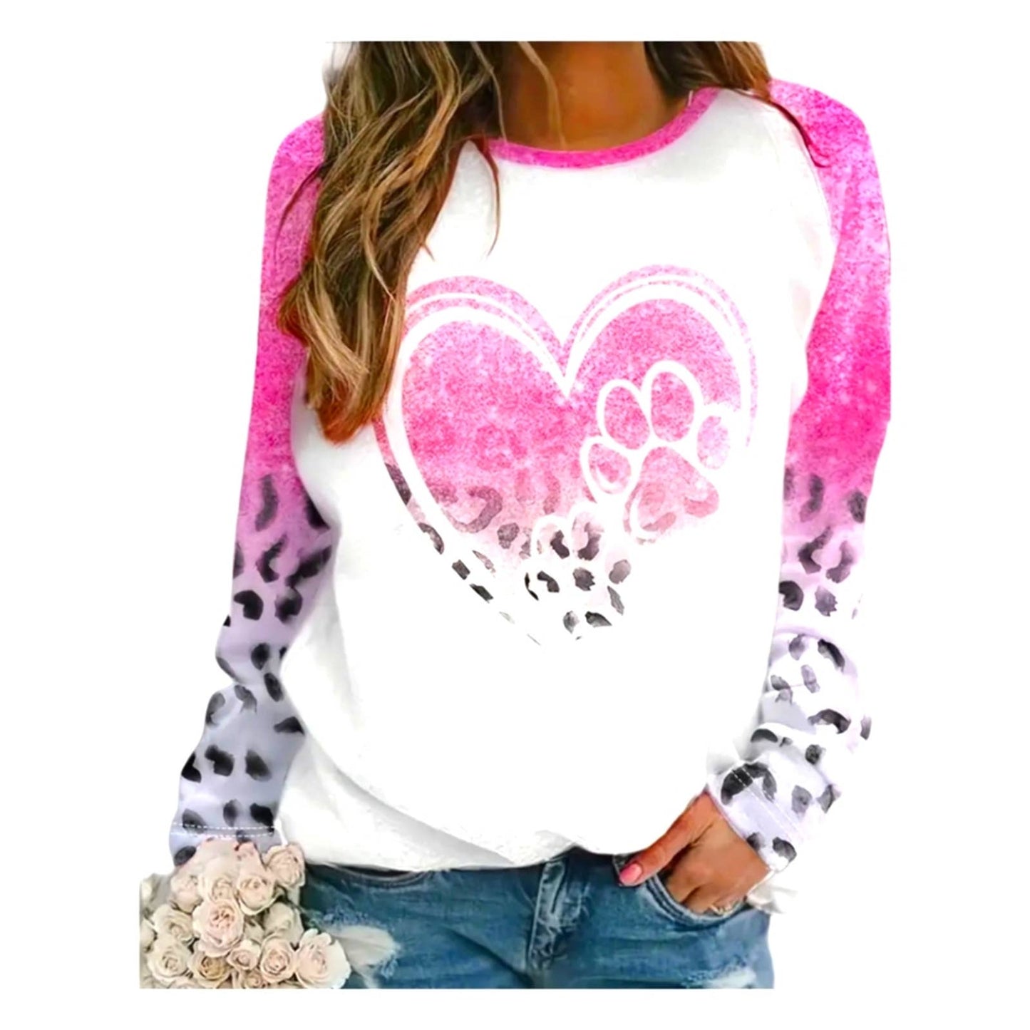 NWT Women's Plus Size Colorblock Leopard and Heart Paw Print Casual Crew Neck Top