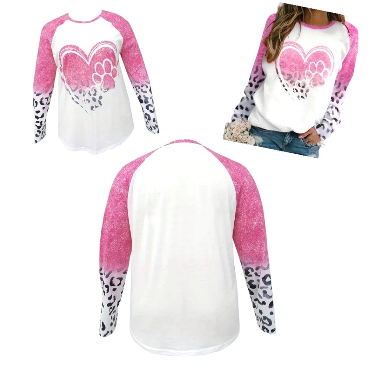 NWT Women's Plus Size Colorblock Leopard and Heart Paw Print Casual Crew Neck Top