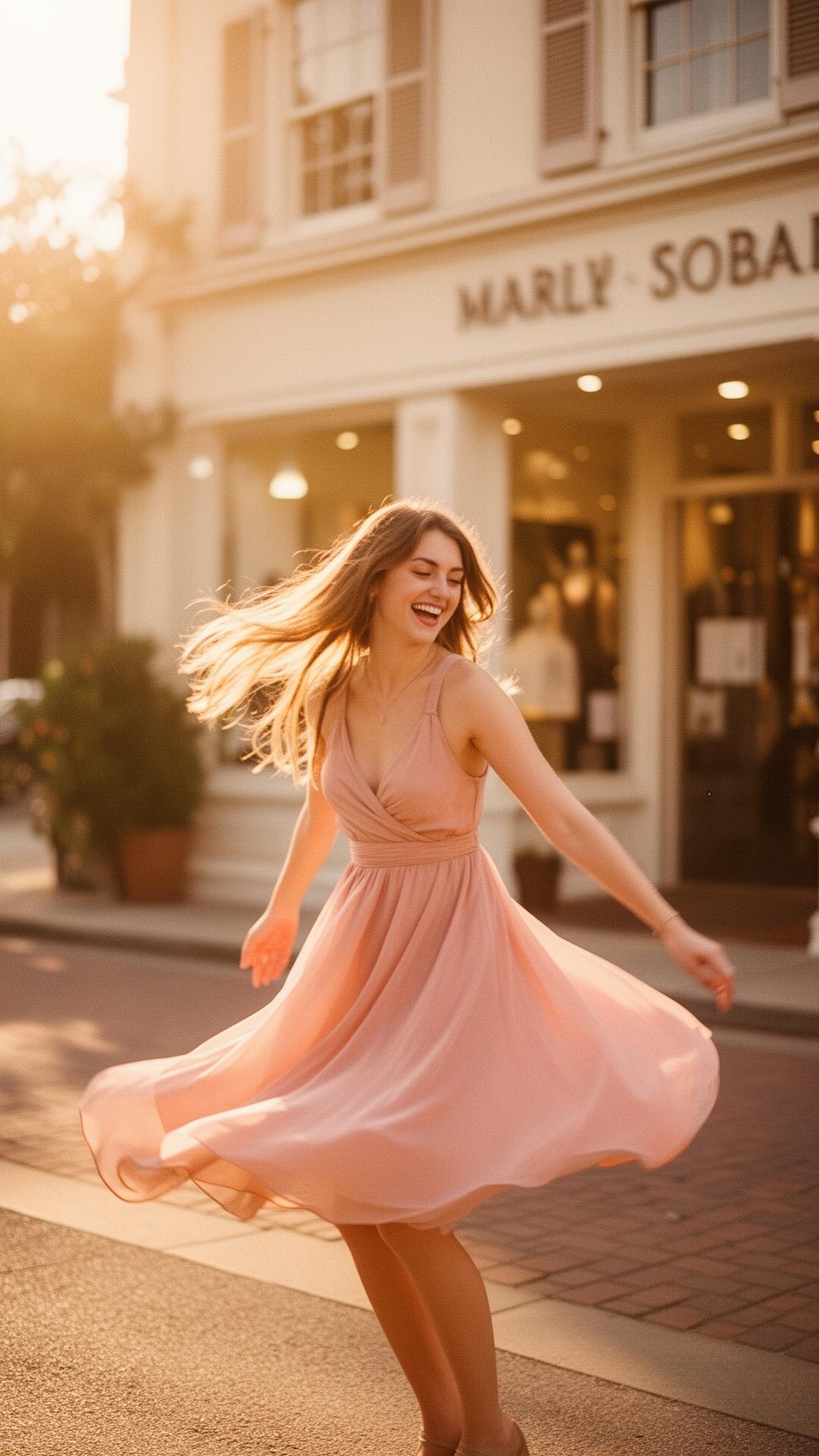 Woman twirling in a pastel summer dress outside a boutique