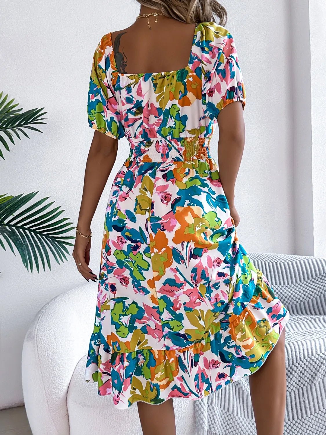 Ruffled Hem Smocked Floral Short Sleeve Midi Dress - JUST - JEN BOUTIQUE