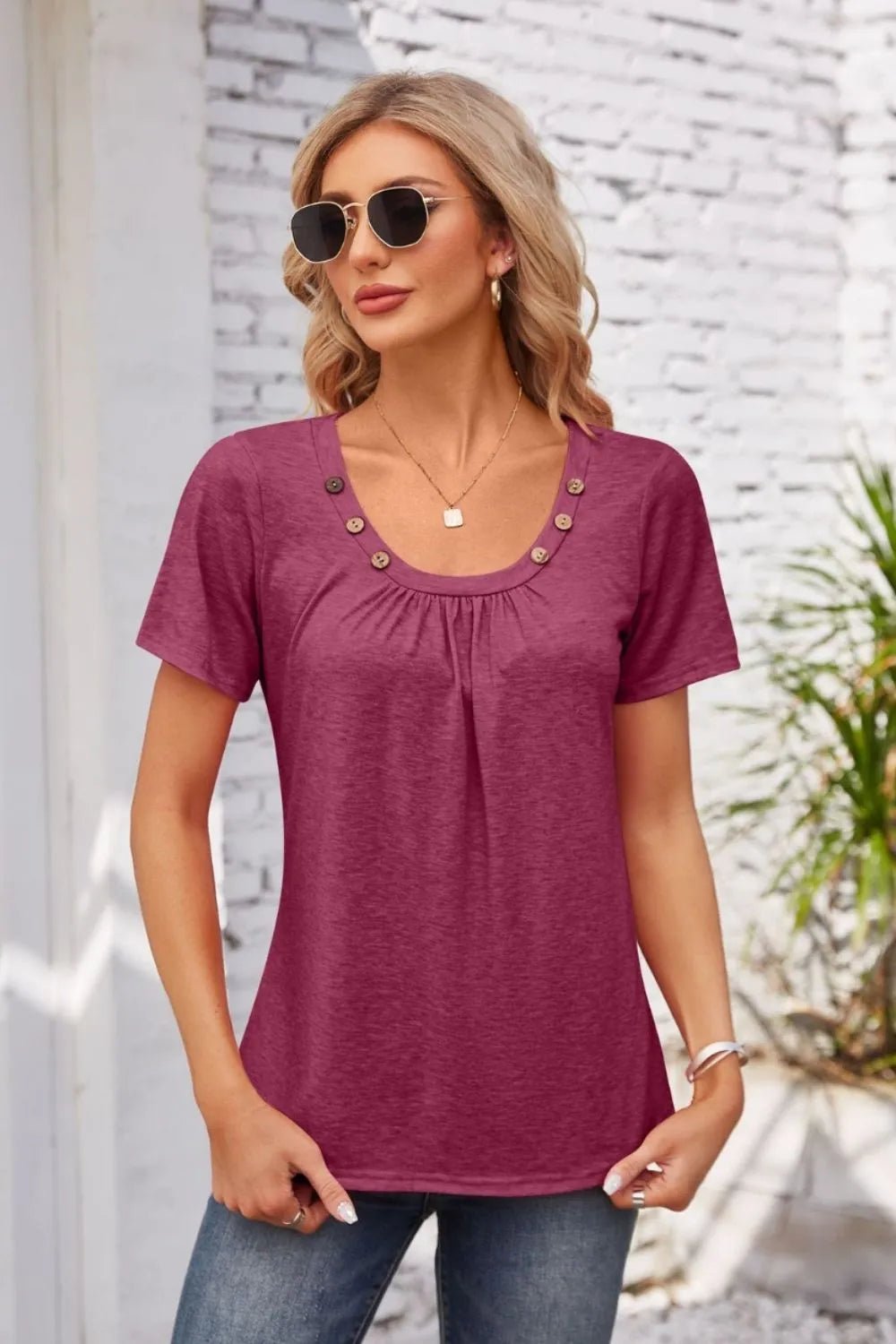 Decorative Button Scoop Neck T-Shirt - JUST - JEN BOUTIQUE