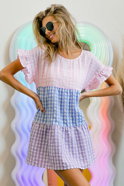 BiBi Plaid Color Block Tiered Top