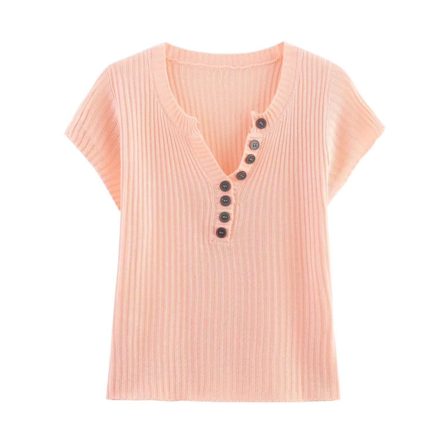 V - neck short sleeved button knit T-shirt top for women - JUST - JEN BOUTIQUE