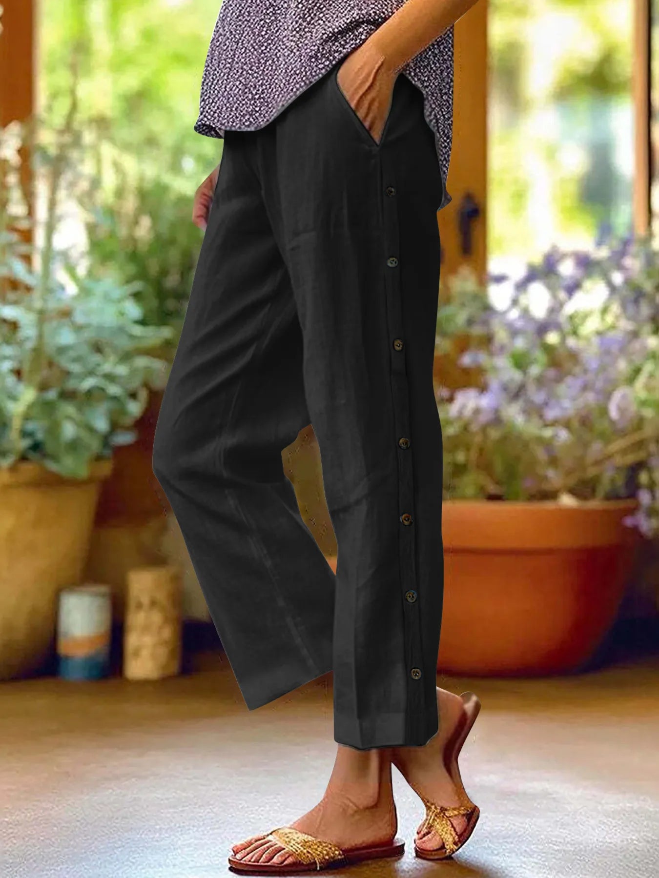 Full Size Side Decor Button Casual Wide Leg Pants Plus Size - JUST - JEN BOUTIQUE