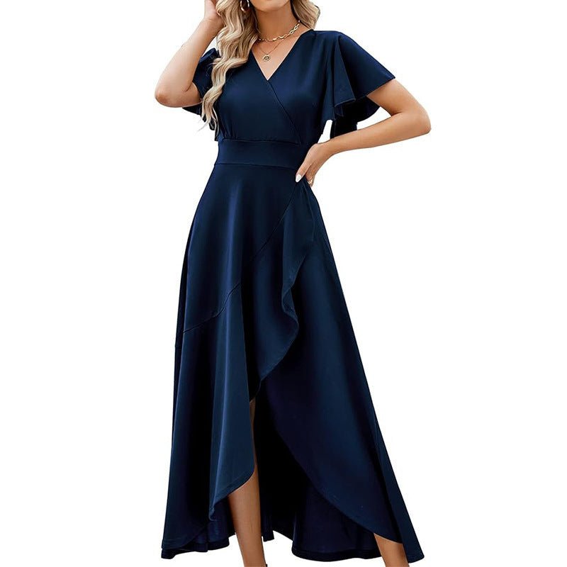 Lotus leaf sleeve V - neck elegant evening gown polyester dress - JUST - JEN BOUTIQUE