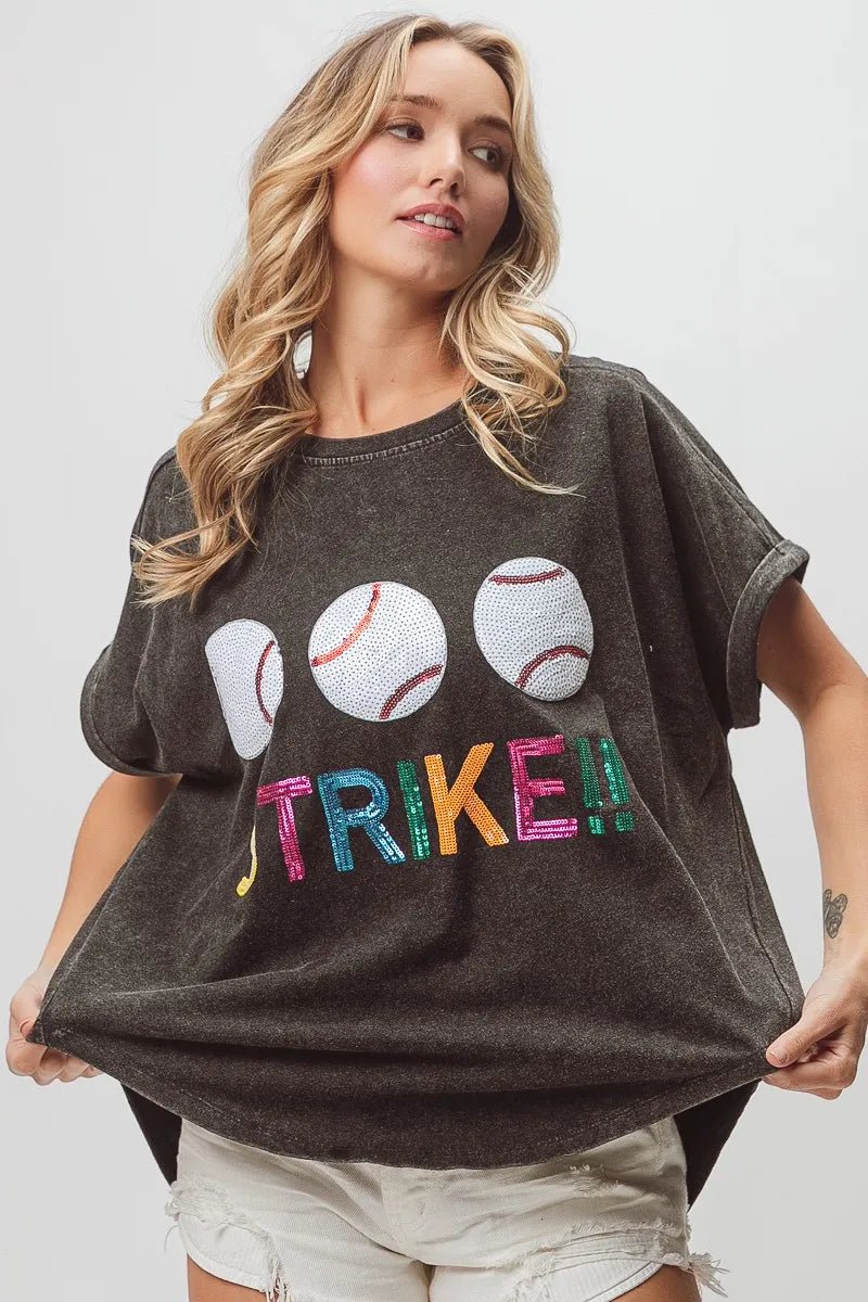BiBi Sequin Baseballs Strike Washed Short Sleeve Top - JUST - JEN BOUTIQUE