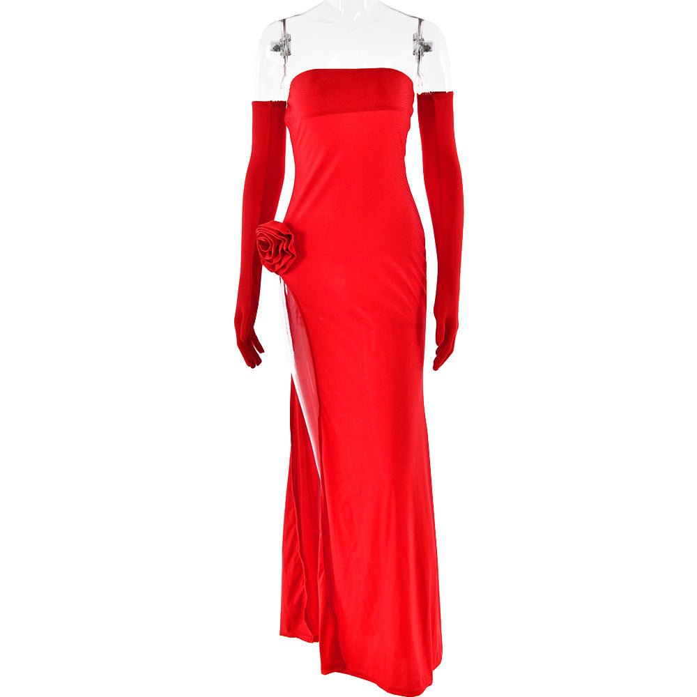 Women's dress, sexy and fashionable, strapless with floral inlay, sleeveless slit, backless long skirt - JUST - JEN BOUTIQUE