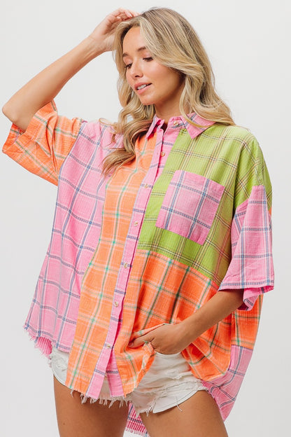 BiBi Plaid Collared Neck Half Sleeve Shirt