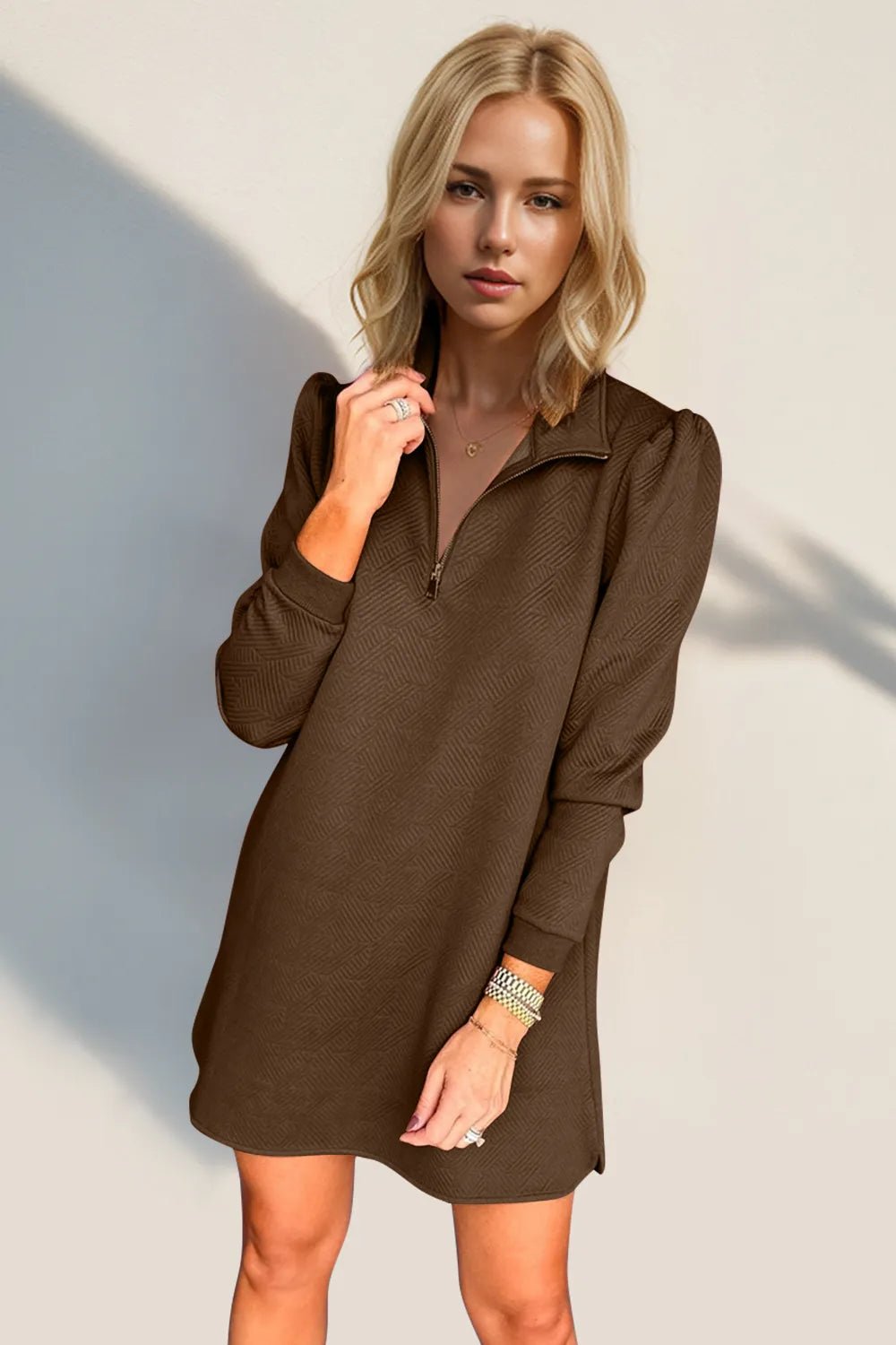 Double Take Textured Quarter Zip Long Sleeve Dress - JUST - JEN BOUTIQUE
