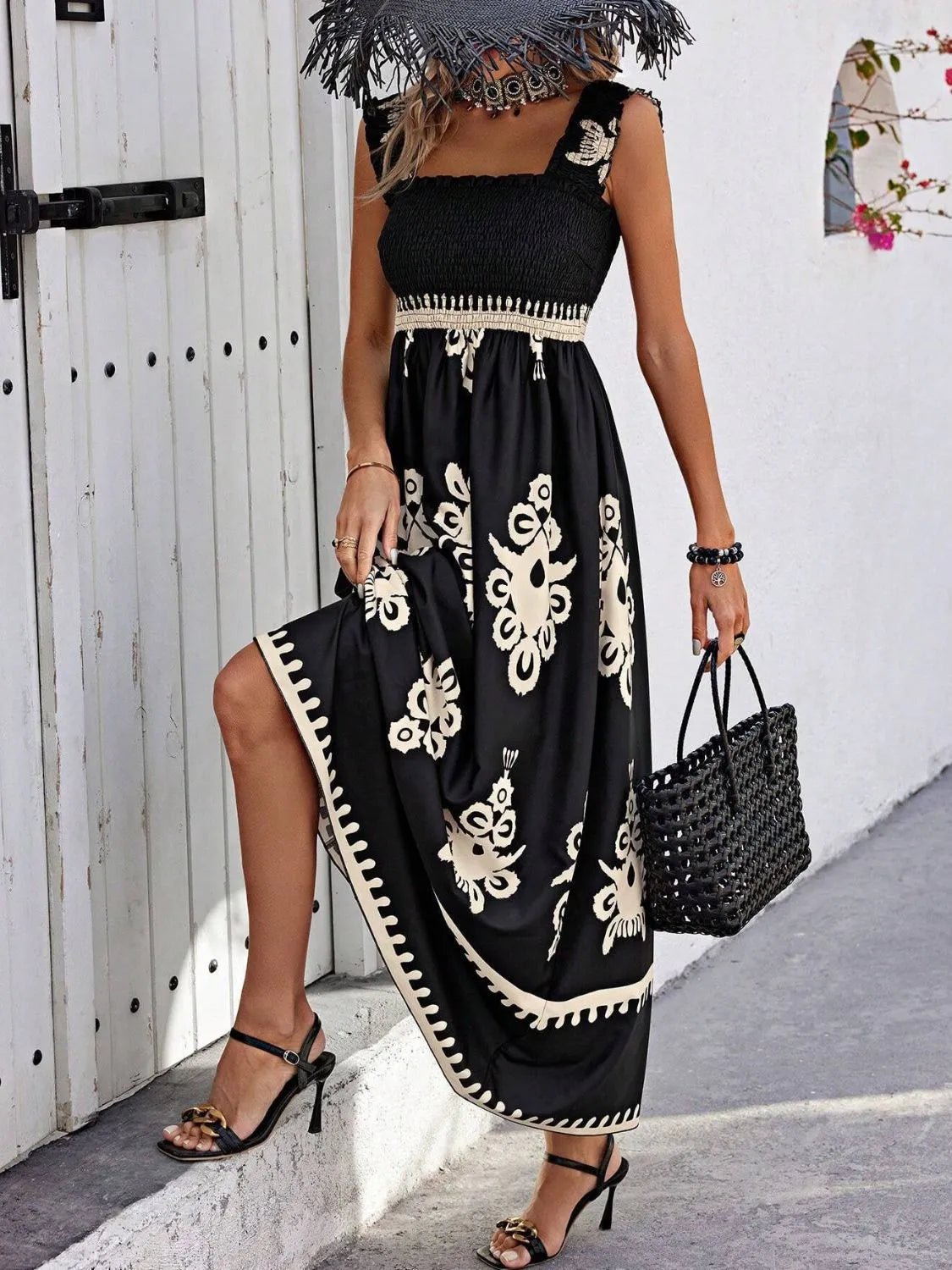 Smocked Printed Wide Strap Maxi Dress - JUST - JEN BOUTIQUE