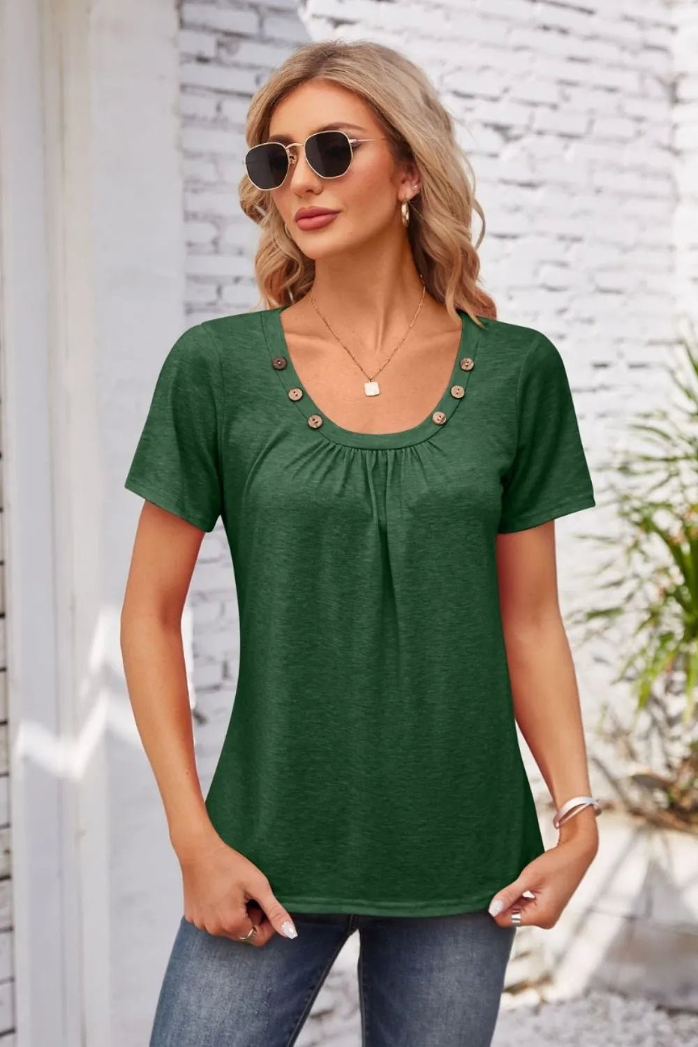 Decorative Button Scoop Neck T-Shirt - JUST - JEN BOUTIQUE