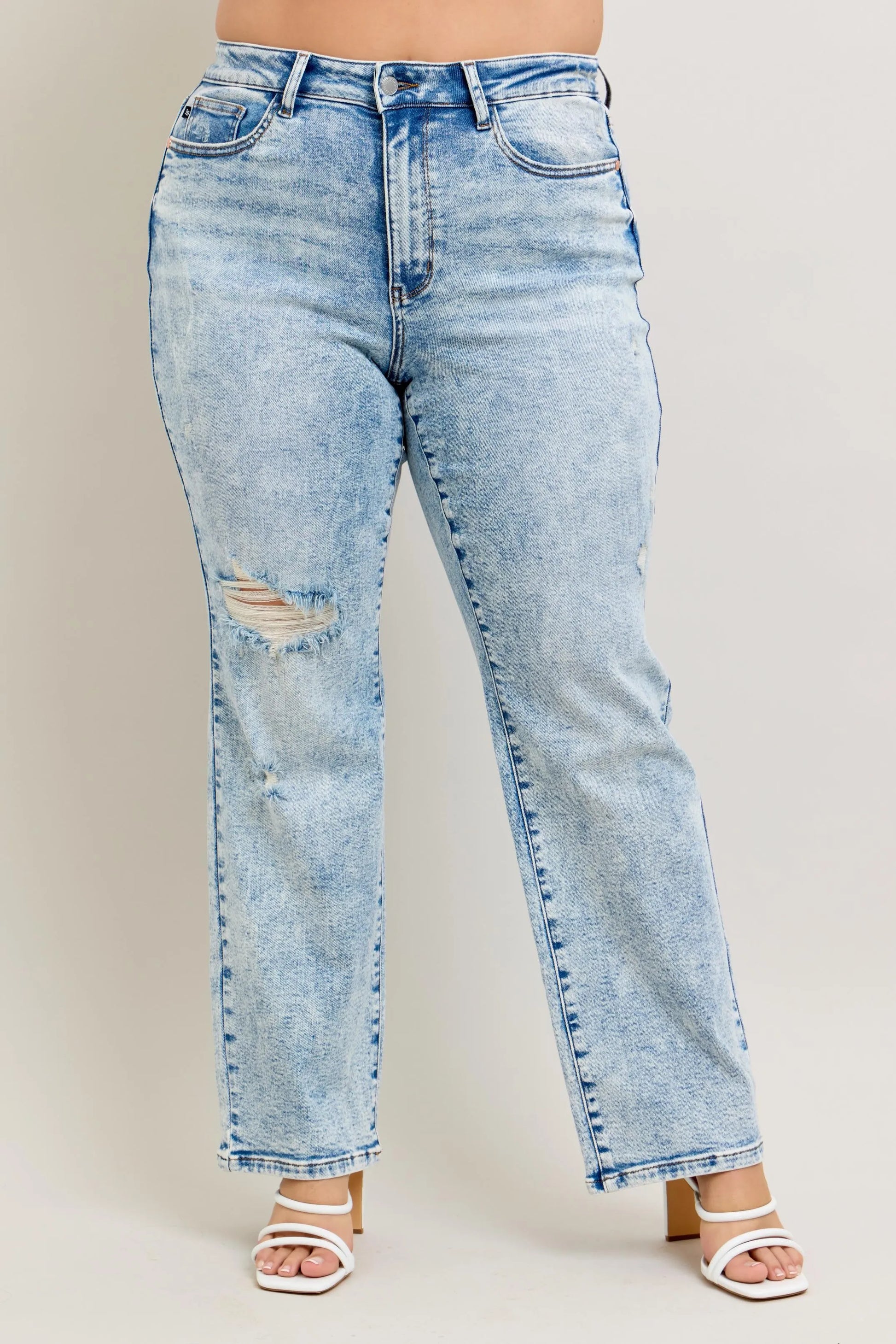 Judy Blue Full Size Hw Mineral Wash Destroy 90's Straight Jeans Plus Size - JUST - JEN BOUTIQUE