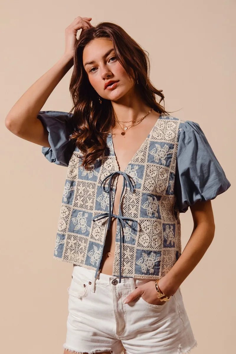 SO ME Crochet Lace Tie Front V Neck Blouse Top - JUST - JEN BOUTIQUE