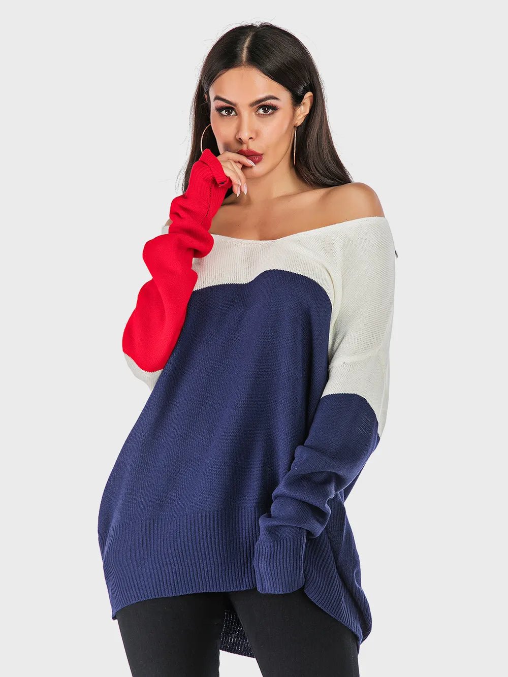 Perfee Contrast V - Neck Long Sleeve Knit Top - JUST - JEN BOUTIQUE