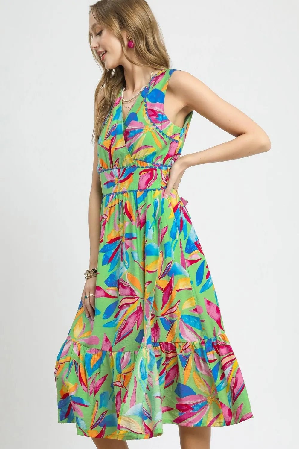 Umgee Ruffled Hem Printed Sleeveless Midi Dress - JUST - JEN BOUTIQUE