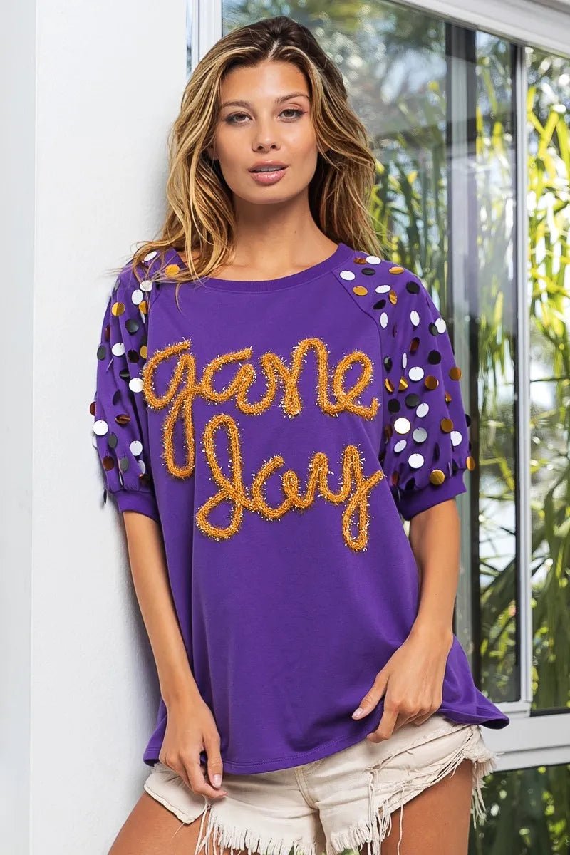 BiBi Game Day Metallic Letter Spangle Sleeve Top - JUST - JEN BOUTIQUE