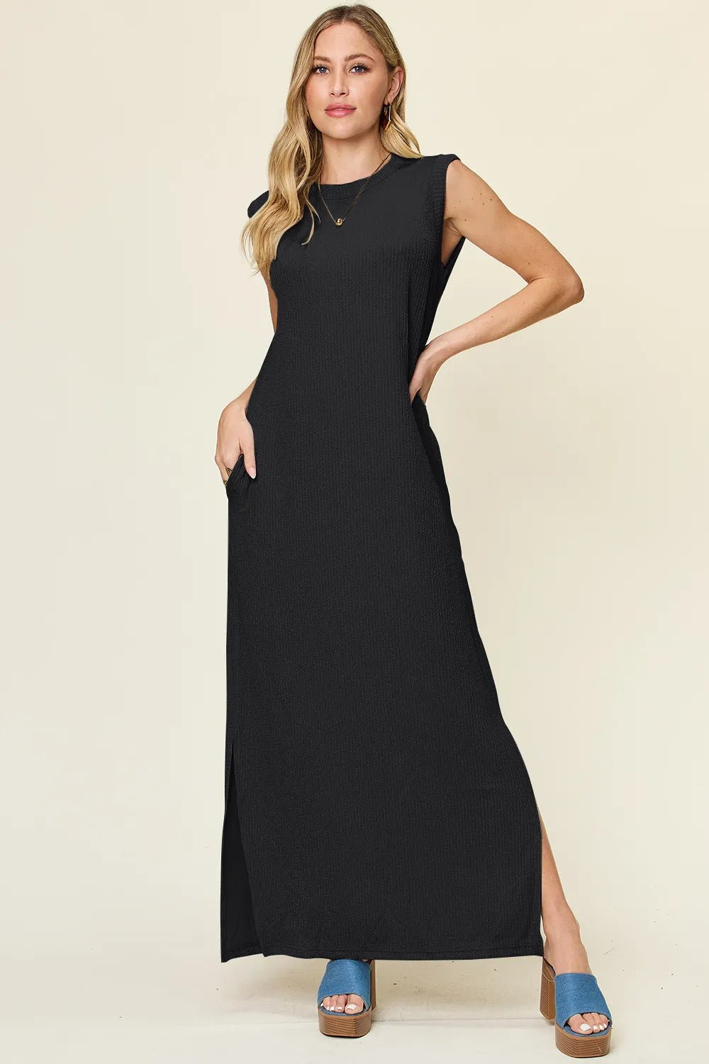 Double Take Full Size Texture Mock Neck Sleeveless Maxi Dress - JUST - JEN BOUTIQUE
